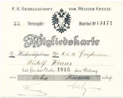 1916 Az Orsztrák Fehér Kereszt szövetség tagsági igazolványa