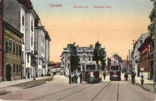 Újvidék, Novi Sad; Erzsébet tér, vilamos, kerékpár / square, tram, bicycle (EK)