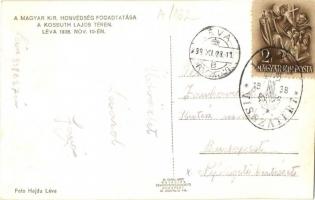 1938 Léva, Levice; Kossuth Lajos tér, bevonulás, a Honvédség fogadtatása, honleányok, magyar címer, ...