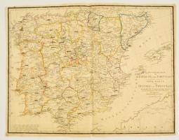 cca 1820 Spanyolország és Portugália rézmetszetű térképe F. W. Streit, Leipzig, J. C. Hinrichs, belerajzolva, 47x36 cm./ 1820 Map of Spain and Portugal 44x36 cm