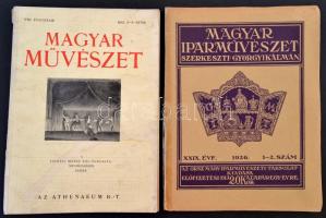 1926-1932 Magyar Iparművészet XXIX. évf. 1-2. sz. Szerk.: Györgyi Kálmán, ragasztott gerinccel.+Magyar Művészet 1932. 5-6. sz., az elülső címlap belsején ceruzás firkával, kissé sérült, ragasztott gerinccel, foltos.