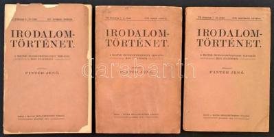 1917-1918 Irodalomtörténet 3 száma. Szerk.: Pintér Jenő. 1917. november-december, VI. évf. 9-10. füzet,  1918, január-február, szeptember-december, VII. évf. 1-2.,7-10. füzet. Bp., 1917-1918, Magyar Irodalomtörténeti Társaság. Kiadói papírkötés, az egyik borítója szakadozott, sérült, egy másik foltos.