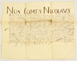 1642 Pozsony, Esterházy Miklós (1583-1645) nádor birtokmegerősítő levele az Újszászi család részére, egyszerű másolat, papír, latin nyelven, a hajtások mentén szakadásokkal