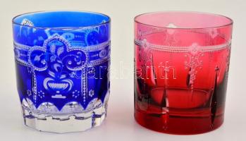 Varga Crystal bordó és kék ólomkristály pohár, hámozott, hibátlan, jelzett, 2 db, m: 9,5 cm, d: 9 cm