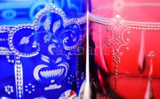 Varga Crystal bordó és kék ólomkristály pohár, hámozott, hibátlan, jelzett, 2 db, m: 9,5 cm, d: 9 cm