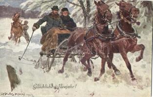 Glückliches Neujahr! / New Year greeting card, sleigh, winter. B. K. W. I. 739-1. s: Ludwig Koch