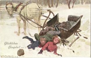 Glückliches Neujahr! / New Year greeting card, sleigh, humor, accident, winter. B. K. W. I. 739-2. s: Ludwig Koch (EK)