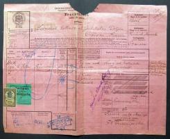 1897 Vasúti szállítójegy Németországból Romániába átutazó pecsétekkel, illetékbélyeggel