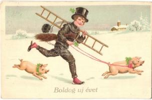Boldog Új évet! / New Year greeting art postcard, chimney sweeper with pigs. Amag 3307. litho (EK)