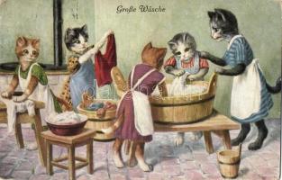 Grosse Wäsche / Big laundry, cats washing clothes. O.G.Z.L. 324/1625.