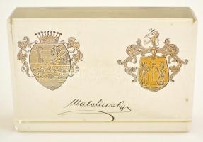 cca 1900 Üvegnehezék Bihar vármegye és a Malatinszky-család címerével, Malatinszky felirattal, kopott, kis csorbával, 8×12×3 cm