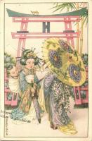 Japanese geishas. Italian art postcard. N.M.M. 475/8. s: Bertiglia