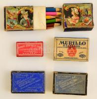 Schuler József tollhegyek, Murillo rajszög doboza, színes ceruza stb., üres és teli dobozok