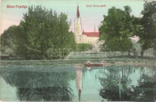 Bácstopolya, Topolya, Backa Topola; Gróf Zichy park, templom. Kiadja Riesz J. 16. / park, church