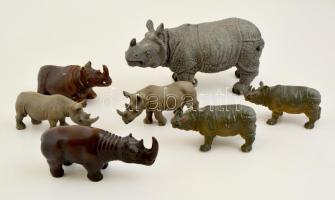 7 db rinocérosz játékfigura, műanyag/műgyanta/gipsz, némelyik kis sérülésekkel, különböző méretben