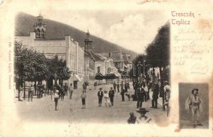 1900 Trencsénteplic, Trencianske Teplice; Széchény utca, Sina és Hamman fürdő, folklór / street view, spas, folklore (EM)