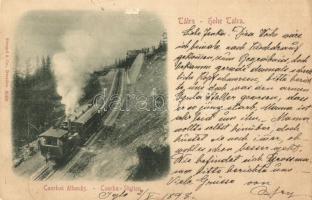 1898 Tátra, Magas Tátra, Vysoké Tatry; Csorbai állomás, gőzmozdony, fogaskerekű vasút / funicular railway station, locomotive (szakadás / tear)