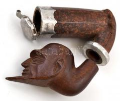 Kis pipagyűjtemény: pipafejek különféle anyagból (tajték, fa, cserép, bakelit), pipaszárak, egy rész...