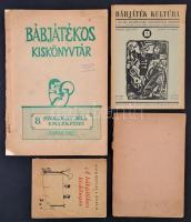 Vegyes bábjátszással kapcsolat könyvek, 4 db:  Bábjátékos kiskönyvtár 8. Szokolay Béla emlékfüzet. Bp.,[1961],Népművelési Intézet. Kiadói papírkötés, kissé szakadozott, kissé hiányos gerinccel. Óhidy Lehel (1925-1977) bábművész névbélyegzőjével.   Bábjáték kultúra. I. évf. 1. szám. 1948. február 1. Szerk.: Tiszay Andor. Magyar Bábjátékosok Egyesületének közlönye. Bp., Magyar Művelődési Szövetség Bábszakosztálya, 18 p. Kiadói papírkötés. Ritka. Csak 4 szám jelent meg.   Körmöczi László: A bábjátékos kiskönyve. Kolozsvár, 1942, Exodus,(Kolozsvár, Erzsébet nyomdavállalat-ny.), 31 p.  Bábjáték. Szerk.: Rhé Gyuláné. Kiadja: M. Kir. Vallás- és Közoktatásügyi Minisztérium IX/3. (Leventeleány) Ügyosztálya. Bp., May-nyomda, 92+4 p. Kiadói papírkötés, megviselt állapotban, szakadozott borítóval, az elülső borító elvált a gerinctől.