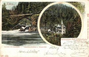 1902 Tátra, Barlangliget, Höhlenhain, Tatranská Kotlina; Landoki híd vízeséssel, Ivánka nyaraló. Feitzinger Ede 523. 1902/12. / bridge, waterfall, villa (fa)