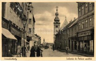 Szombathely, Sabaria és Palace szálloda (lebombázták), Koth Mózes üzlete, kerékpár (ázott sarok / wet corner)