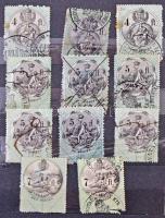 122 db magyar okmánybélyeg a XIX. század második feléből közte lemezhibák, papírránc, elfogazások st...