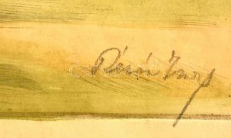 Révész Imre (1859-1945): Pipázó juhász. Színezett rézkarc, papír, jelzett, 45×33 cm