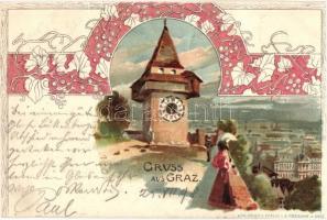 1898 Graz, clock tower, E. Presuhn, Art Nouveau litho