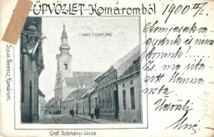 1900 Komárom, Komárnó; Evangélikus templom, Gróf Széchenyi utca. Sipos Ferenc kiadása / street view with church (r)