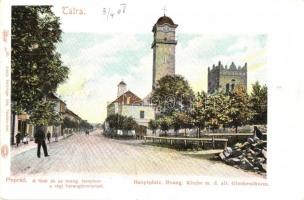 Poprád (Tátra), Fő tér, evangélikus templom, régi harangtorony. Feitzinger Ede 68. / main square, church, old church bell tower (Rb)