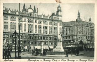 1929 Budapest V. Apponyi tér (Ferenciek tere), villamos, Steyr üzlete, szobor