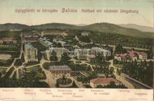 Szliács, Sliac; Gyógyfürdő és környéke: Pannonia, Otthon, Hungaria, Fürdőház, Buda, Bellevue, Dankovszky kávéház és étterem, Pest és Pestszárny szálloda, Izraelita vendéglő, Üdvözlégy, Üvegházak / hotels, Jewish restaurant, greenhouse, café (EK)