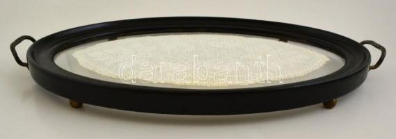 Tálca üveg betéttel, horgolt terítő díszítéssel, 42×28 cm