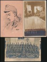 cca 1914-1918 2 db fotólap, egyik csoportkép + 1 db tábori postai levelezőlap, hátoldalán grafikával