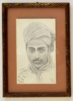 G. J. jelzéssel: M. Fida, India, férfi portré, ceruza, papír, jelzett, üvegezett fa keretben, 14×9 cm