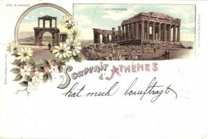 1898 Athens, Athína, Athenes; Arc DAdrien, le Parthenon / arch, Parthenon, Lous Glaser, floral litho