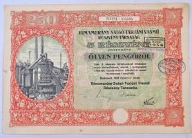 Budapest 1925. Rimamurány-Salgó-Tarjáni Vasmű Részvény-Társaság öt részvénye egyenként 50P-ről, összesen 250P-ről, szárazpecséttel és bélyegzésekkel, szelvényekkel T:II