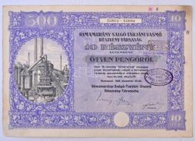 Budapest 1925. "Rimamurány-Salgó-Tarjáni Vasmű Részvény-Társaság" tíz részvénye egyenként 50P-ről, összesen 500P-ről, szárazpecséttel és bélyegzésekkel, szelvényekkel T:III