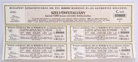 1916. "Budapest Székesfőváros" kötelezvénye 1000K-ról magyar és német nyelven, szelvényekk...