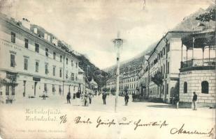 1899 Herkulesfürdő, Baile Herculane; utcakép, Nándor udvar, Sarolta fürdő, gyógyszertár / shop, spa, pharmacy (non PC) (szakadások / tears)
