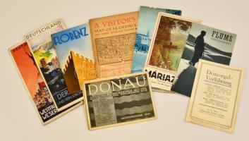 cca 1920-1940  Vegyes utazási prospektus tétel: Deutschland - Westfalen-Hessen-Weserbergland. +Deutschland -  Der Rhein und sein Stromgebiet. Berlin, Reichsbahnzentrale für den Deutschen Reiseverkehr. Kihajtható térképekkel + 3 db Firenze prospektus, az egyikben kihajtható térképpel+ Mariazell, Flumsgrossberg, Donau, összesen: 8 db