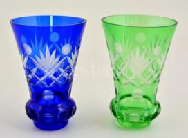 Kék és zöld csiszolt üveg vázák, hibátlanok, m: 13,5 cm, d: 9,5 cm