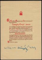 1939 Az Erdélyi Szépmíves Céh díszes oklevele nagyemőkei Seregély Dezső (1867-1948) ezredes, szobrászművésznek, nyomtatott aláírásokkal