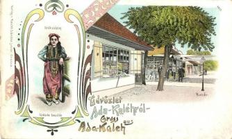 Ada Kaleh, Bazár, Török szépség. Raichl Sándor junior 4410. / bazaar, shop, Turkish beauty. Art Nouveau, floral, litho (EK)