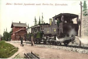 Tátra, Csorbató, Strbské Pleso; Fogaskerekú vasútállomás vonattal. Cattarino S. kiadása / Zahnradbahn / cogwheel railway station with locomotive