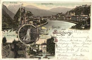 Salzburg, Gaisberg-Bahn, HEllbrunn, Gollinger Wasserfall / general view, railway, waterfall, fountain, folral, litho
