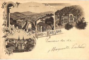 Karlovy Vary, Karlsbad; Alte und neue Wiese, Kaiserbad / general view, spa, church, floral, Art Nouveau, Ottmar Zieher litho