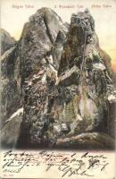 1911 Tátra, Magas-Tátra, Vysoké Tatry; sziklamászás a Krukowski-torony oldalában. Franz Pietschmann / Turni Krukowski / rock climbing (EK)