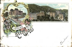 Karlovy Vary, Karlsbad; Kaiserbad / general view, spa, church, floral, Art Nouveau, Carl Garte litho