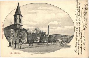 1904 Resica, Resita; utca háttérben a gyárkéményekkel, templom. Ifj. Neff Károly kiadása / Bahnhofgasse / street with the factory chimneys in the background, church  (EK)